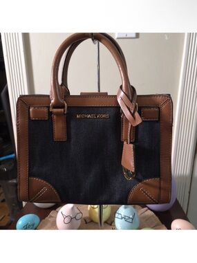 Michael Kors Black Canvas and Brown Leather Trim Satchel Crossbody